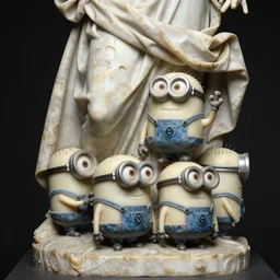chef-d'œuvre italien, délicate sculpture en marbre de la renaissance recouverte d'un voile d'eau, des minions très détaillé, gi, illumination globale, rendu physique, photoréaliste, lumière supérieure, fond sombre