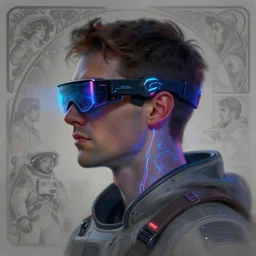 side view future coder man, sleek cyclops display over eyes and glowing headset, neon accents, holographic colors, desaturated headshot portrait digital painting by alex grey, alphonse mucha, donoto giancola, dean cornwall, rhads, john berkey, tom whalen, astronaut cyberpunk electric lights profile