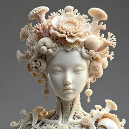 intricate hyper detailed ultra sharp portrait of a beautiful porcelain ivory fair smooth cyberpunk mechanoid up close shot, sharp focus, global illumination, radiant light, intricate large haute couture coral flower headdress made of sponge corals, brackets, mushrooms, puffballs, rhizomorphs head ornaments, alexandre ferra, irakli nadar, octane render, unreal engine, 4 k, ultra hd,
