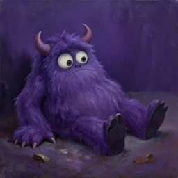 an awkward monster fell to the ground and is very ashamed of it, awkward situation, realistic oil painting, dark purple colors, funny