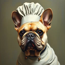 museum painting of a french bulldog chef