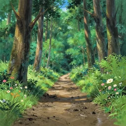deep muddy forest on a sunny day walkway panorama, blooming, very traditional gouache painting by makoto shinkai disney pixar kyoto animation