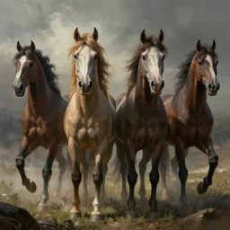 the four horses of the apocalypse, digital Art, Greg rutkowski, Trending artstation, cinematographic, hyperrealistic