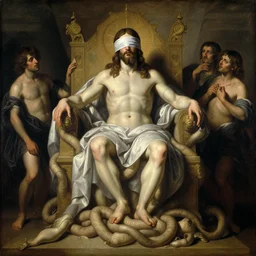 jesu christ wearing blindfold!!!!! sitting on a huge!!!! throne of entwined bodies, elegant, ominous, highly detailed painting by goya!!! phil hale!! gaston bussiere, craig mullins, j. c. leyendecker, 8 k, mid shot
