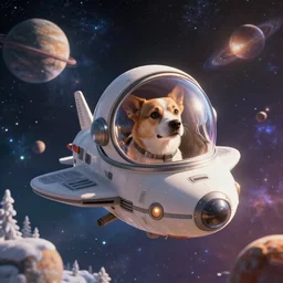 dog with a clear austronaut helmet inside a mini spaceship, flying through outer space and exploring new planets, cosmic winter wonderland, galaxies, highly detailed, concept art, digital art, octane render, hyperrealism, surrealism, vibrant, dramatic lighting, warm, cinematic