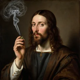 A Renaissance portrait painting of Jesus smoking weed, parody