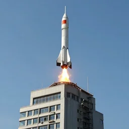 a rocket landing on top of the building. high quality. digital art.