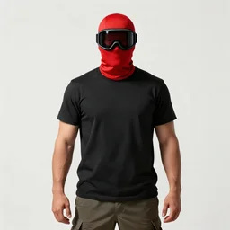 sketch of a short stocky buff guy in a plain black t - shirt and cargo shorts, wearing a red ski mask over his entire face, black ski goggles, detailed, dramatic lighting, artstation
