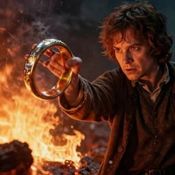 Frodo throwing the ring of power into the fires of Mount Doom, close-up, cinematic, extremely high detail, photorealistic, cinematic lighting, post processed, concept art, artstation, matte painting