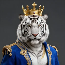 artwork of a white tiger king with gold crown and blue king suit, concept art, portrait, super detailed, 4 k hd, trending on artstation, deviantart, octane render, cry engine, unreal engine 8 k, cycles x, digital painted, low contrast, made by greg rutkowski and viktoria gavrilenko