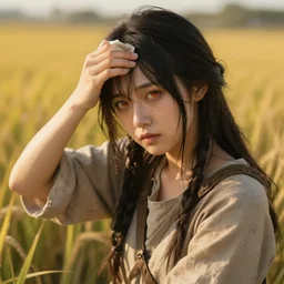 lain iwakura from serial experiments lain as medieval peasant working in the field wiping off sweat from forehead wonderful masterpiece highly detailed scifi, cute amber eyesbeautiful cinematic light deep focus, elegant, digital painting, smooth, sharp focus, golden ratio, dramatic illumination, ultra realistic, 4 k, art by greg rutkowski wlop rossdraws
