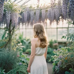 photograph of a beautiful!!! woman! from the back standing in lush wisteria gardenhouse field by mark owen. scotland mood. pastel colors. kodak portra 4 0 0 film!!. whirl bokeh!. mamiya 7. highly detailed. hq. photoreal. golden hour. lens flare. faded film. in - frame