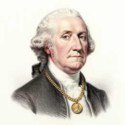 a photorealistic colored pencil sketch of a distinguished George Washington wearing a gold chain around his neck with a small Doubloon coin attached as a necklace. This 4K HD image is Trending on Artstation, featured on Behance, well-rendered, extra crisp, features intricate detail and the style of Unreal Engine.