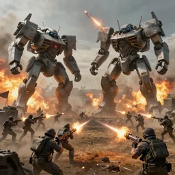 Cinematic view of a battlefield with troops firing at giant mecha with missiles, explosions, ashes on the field and fire in the background, hyperdetailed, artstation, cgsociety, 8k
