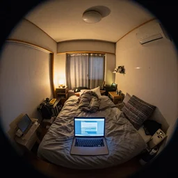 crammed  japanese apartment bedroom lit by a laptop screen simon stalenhag, fisheye camera, extreme perspective