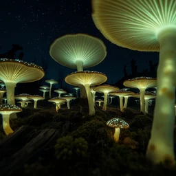 a beautiful wide - lens landscape photograph of a bioluminescent mushroom world, natural lighting, shot on a pentax k 1 mark ii
