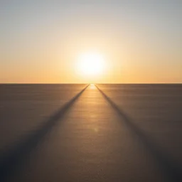 big sun on horizon with smooth ground and parallel shadows
