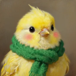 a cute fluffy yellow bird blushing wearing a [ green scarf ], by rembrandt, high quality, oil painting