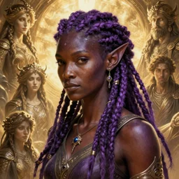 dark skinned half elf, purple dreadlocks, god of illithid, fantasy, extremely detailed, digital painting, artstation, concept art, smooth, sharp focus, illustration, stunning lighting, art by artgerm and greg rutkowski and alphonse mucha and simon stalenhag, realistic character concept, high fantasy, light atmosphere, golden ratio, cinematic lighting, hyperdetailed, high resolution, insanely detailed and intricate, artstation, Marc Simonetti, Greg Rutkowski