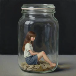 a tiny woman sitting down inside a jar. beautiful detailed painting by artgerm and magali villanueve and michael whelan