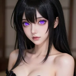 anime babe with glossy black hair, abs, glowing purple eyes, and soft skin