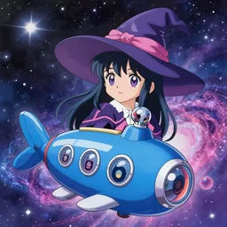portrait of a young witch girl, last exile, blue submarine no. 6, loish, murata range, synthwave, cosmic, kawaii, ,studio lighting, manga, vibrant, beautiful,28mm lens, dreamy, gradation, jean giraud,  , ((space nebula background))