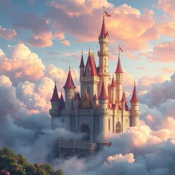 a fairytale castle surrounded by clouds, rose, colorful, oil painting, bright, light effect, lots of detail, 4 k, macro lens, octane rendering, by makoto shinkai