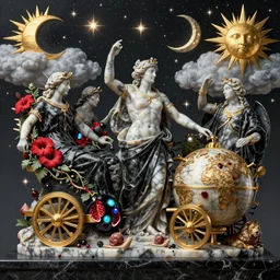 tilt shift, italian masterpiece, Ashford Black Marble, sculpture, baroque, beautiful, gracious, pagans, marble and gold, space, stars, clouds, suns, moons, drapes, greeks, fruits, bioluminescent, Obsidian pomegranade, medieval globe, portrait, blood, lion, chariot, snails, render, artstation, draped with red Hibiscus and vines and spines,  ultra detailed