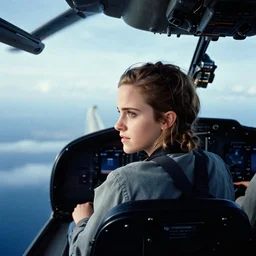 film still, extreme far view, emma watson, in helicopter cockpit, apocalypse now, associated press, 2 6 mm, kodak ektachrome, blue tint expired film,