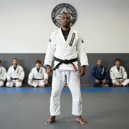black jiu jitsu practitioner wearing a white gi, in a martial arts school, standing full shot