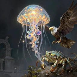 monster character design, fantasy. intricate jellyfish crab eagle lizard. by rembrandt, illustration, by digital painting, wlop higly detailed
