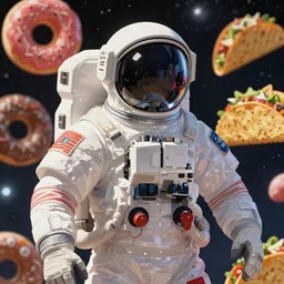 key visual of astronaut, donuts and tacos in background, majestic, by ilya kuvshinov, finely detailed feature, anime, space, deroo, pixiv top monthly, trending on artstation, cinematic, danbooru, zerochan art, kyoto animation, studio trigger