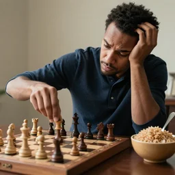 a photo of an englishman named jaquasa moving a chess piece on the board and on his side there is a bowl of brown rice with a spoon inside eat, jaquasa is very upset as he is losing the game