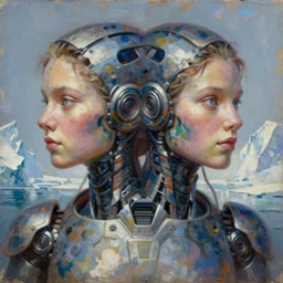 young deadly female battle robot award winning portrait bust symmetry faded tetrachromacy colors arctic background tim hildebrandt wayne barlowe bruce pennington donato giancola larry elmore masterpiece trending on artstation cinematic composition beautiful lighting hyper detailed!!! 8 k oil on canvas