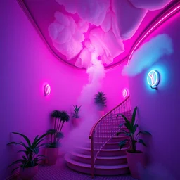 minimalistic extreme wide angle curved perspective digital art of sss chubby cotton candy indoor casino, one staircase, with curly plants by anton fadeev, horton hears a who, smoke, neon lights