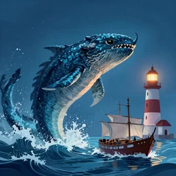 beautiful digital art of the Kraken rising from the sea to attack a ship, while a lighthouse glows behind it.