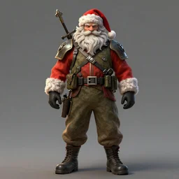 Hyperdetailed masterpiece concept art of a full body shot of a santa claus as a veteran soldier, hyperdetailed concept art by Ross Tran, high quality DnD illustration, trending on ArtStation