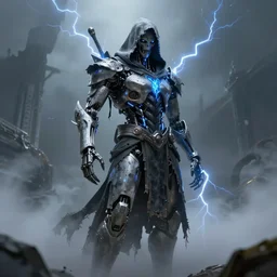 character design, biomechanical arcanist, tattered hood, blue lightning, fog, scary, arrogant, photorealistic, cinematic, hyper realistic, octane render, 8 k, wide angle