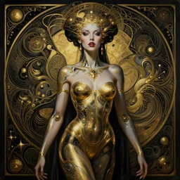 extremely psychedelic beautiful cyborg queen of lsd infected by night. intricate, elegant, highly detailed, extremely lifelike photorealistic digital painting, artstation. steichen, gaston bussiere, tom bagshaw, cyberpunk alphonse mucha. elegant minimalism. anatomically correct. sultry murderous rage. sharp focus. gold and black lush hallucination. lifelike