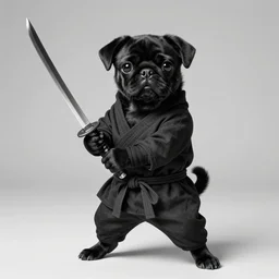 high quality and realistic professional studio illustration of a black pug puppy dressed as a ninja wielding a katana, kodachrome, black and white photo by sebastiao salgado