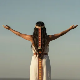 an incan priestess, seen from behind, with arms wide open in front of the sky, symetrical, art by greg rutkowski