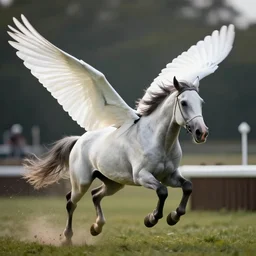 a flyihng appaloosa horse is flapping its wings while running in a steeplechase. the wings are luminescent, white, very very smooth, very very large and unfurled. professional high quality, fantasy, photorealism, dof, bokeh, dramatic lighting