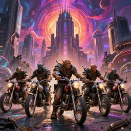 psychedelic post apocalyptic orcish biker gang in front of scifi city ruins, sharp focus, cinematic shot, psychedelic colors