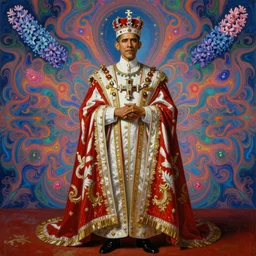 beautiful oil painting, full length portrait of Barack Obama in coronation robes 1701 hyacinthe rigaurd, baroque, Dan Mumford, Dan Mumford, Alex grey, Alex grey, highly detailed , lsd visuals, dmt fractal patterns, hallucinogen, visionary art, psychedelic art, ornate, vaporwave, baroque