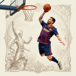 Messi dunking on Ronaldo in basketball, D&D, fantasy, intricate, elegant, highly detailed, digital painting, artstation, concept art, matte, sharp focus, illustration, art by Artgerm and Greg Rutkowski and Alphonse Mucha