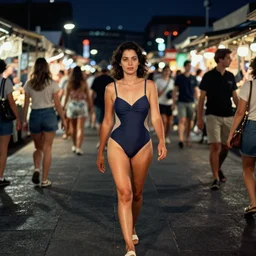 color outdoor photograph portrait of a mother in swimsuit walking on the market district, many people, night, summer, dramatic lighting, 1 9 9 0 photo from live magazine.
