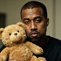 cinematic photograph of young Kanye West with a anthropomorphic teddy bear, close up, portrait, album cover, shallow depth of field, 40mm lens, gritty, textures