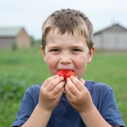 kid with flat face eat huge strawberries in the postsoviet suburbia