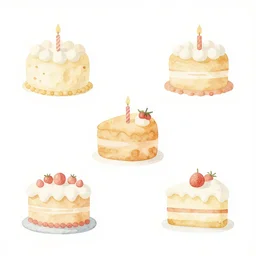 minimalist watercolor art of birthday cakes on white background, illustration, vector art