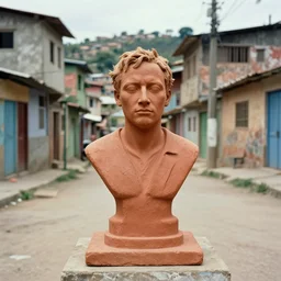 vintage color photo of vitalik buterin, terracotta sculpture in the middle of a poor brazilian favela street, image by werner herzog